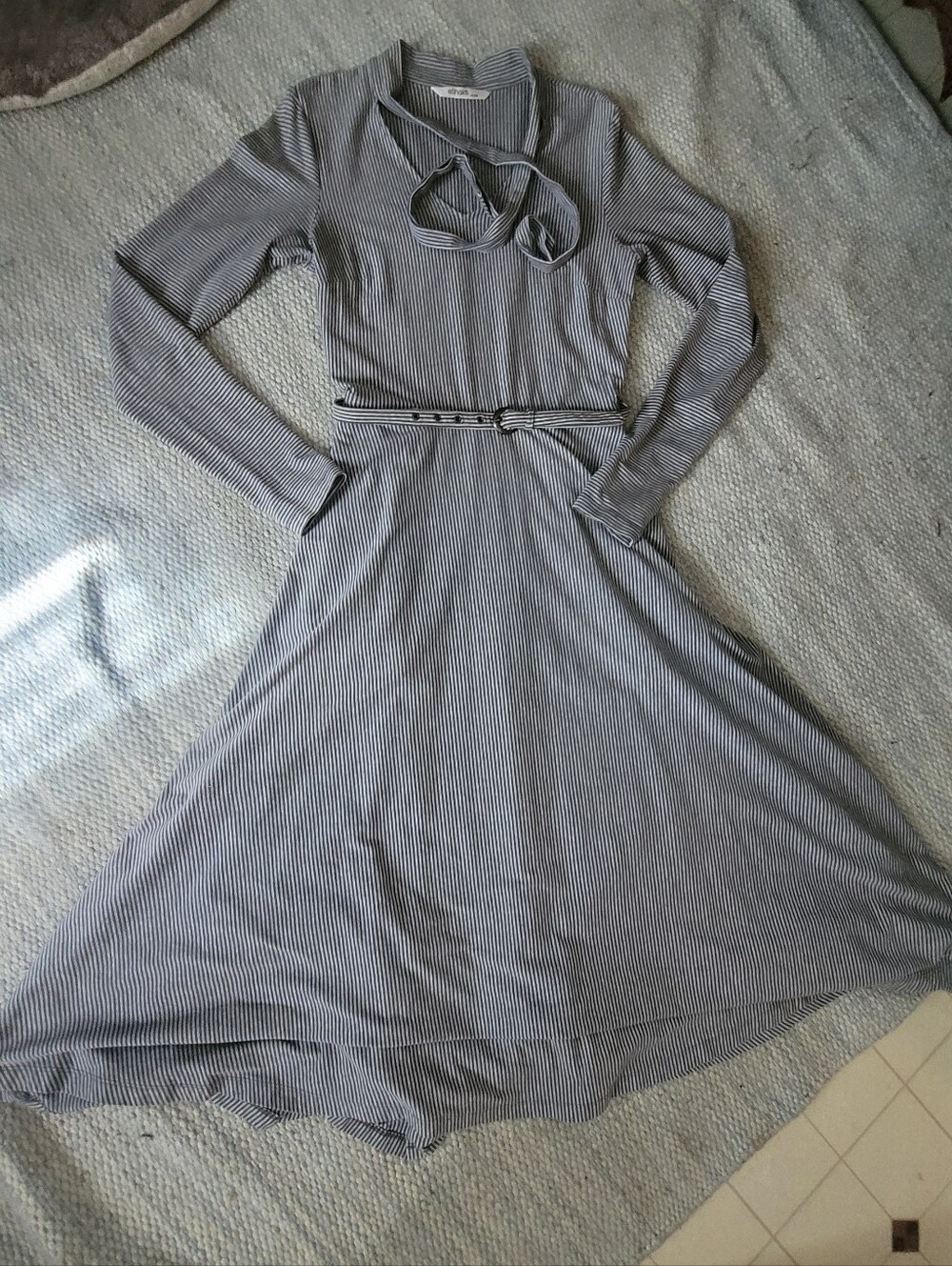 eShakti Midi Dress Medium Gray Striped Flowy Long Sleeve